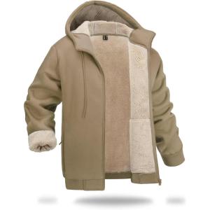 imageBoladeci Mens Sherpa Lined Hoodie Jacket Winter Warm Heavy Weight Zip Up Hooded Sweatshirt Thick Fleece CoatsKhaki
