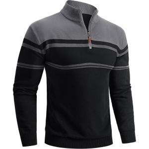 imageBoladeci Mens Sweaters Quarter Zip Pullover Premium Cotton Comfort Mock Neck Striped Fall Winter Fashion Thermal SweatersBlack