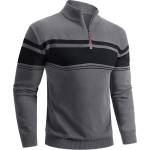 imageBoladeci Mens Sweaters Quarter Zip Pullover Premium Cotton Comfort Mock Neck Striped Fall Winter Fashion Thermal SweatersDark Grey