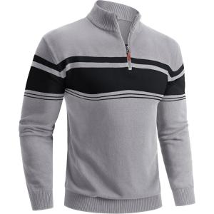 imageBoladeci Mens Sweaters Quarter Zip Pullover Premium Cotton Comfort Mock Neck Striped Fall Winter Fashion Thermal SweatersLight Grey
