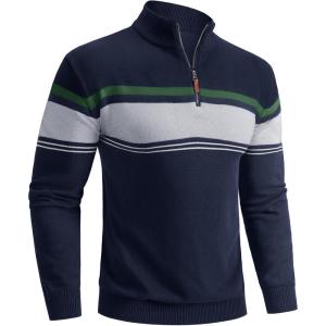 imageBoladeci Mens Sweaters Quarter Zip Pullover Premium Cotton Comfort Mock Neck Striped Fall Winter Fashion Thermal SweatersNavy Blue Light Grey