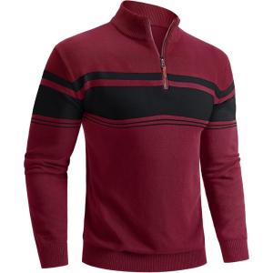 imageBoladeci Mens Sweaters Quarter Zip Pullover Premium Cotton Comfort Mock Neck Striped Fall Winter Fashion Thermal SweatersWine Red Black
