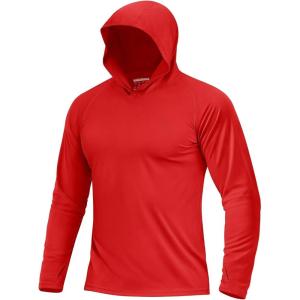 imageBoladeci Mens UPF 50 Sun Protection Lightweight Hoodie Shirts Long Sleeve Fishing Shirts SPF UV Hiking SwimTomato Red