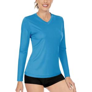 imageBoladeci Womens Swim Shirts Long Sleeve V Neck UPF 50 Sun Protection Quick Dry Rash Guard Workout TopsBlue Green
