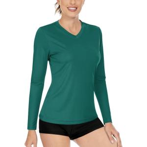 imageBoladeci Womens Swim Shirts Long Sleeve V Neck UPF 50 Sun Protection Quick Dry Rash Guard Workout TopsEmerald Green