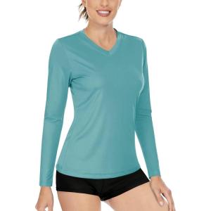 imageBoladeci Womens Swim Shirts Long Sleeve V Neck UPF 50 Sun Protection Quick Dry Rash Guard Workout TopsGrey Green