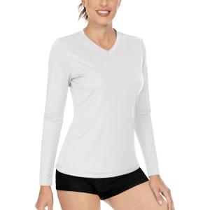 imageBoladeci Womens Swim Shirts Long Sleeve V Neck UPF 50 Sun Protection Quick Dry Rash Guard Workout TopsWhite