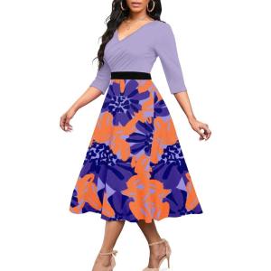 imageUOUA Women Wrap Midi Dress Casual Floral ALine Dresses 34 Sleeves VNeck Cocktail Party DressPurple