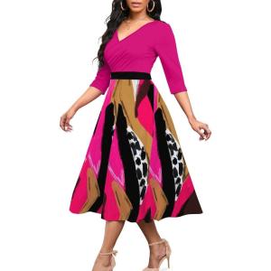 imageUOUA Women Wrap Midi Dress Casual Floral ALine Dresses 34 Sleeves VNeck Cocktail Party DressRose Red