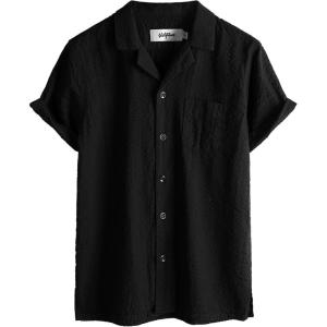 imageVATPAVE Boys Button Down Shirt Short Sleeve Casual Hawaiian Shirt Cuban Collar Summer Shirts with PocketPure Black