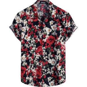 imageVATPAVE Mens 100 Cotton Hawaiian Shirts Floral Short Sleeve Button Down Shirts Summer Beach ShirtsBlackred Flower
