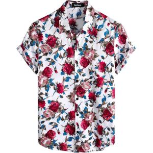 imageVATPAVE Mens 100 Cotton Hawaiian Shirts Floral Short Sleeve Button Down Shirts Summer Beach ShirtsWhiterose