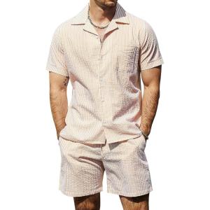 imageVATPAVE Mens Casual 2 Piece Outfits Short Sleeve Button Down Hawaiian Summer Shirts Beach Short SetsKhaki