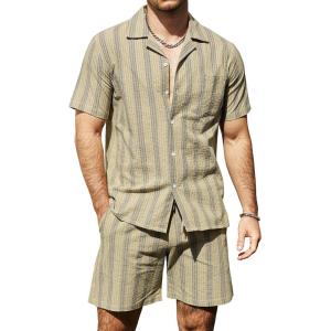 imageVATPAVE Mens Casual 2 Piece Outfits Short Sleeve Button Down Hawaiian Summer Shirts Beach Short SetsKhaki Brown
