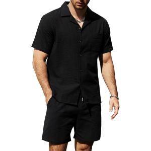 imageVATPAVE Mens Casual 2 Piece Outfits Short Sleeve Button Down Hawaiian Summer Shirts Beach Short SetsPure Black