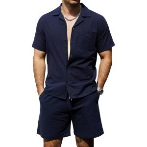 imageVATPAVE Mens Casual 2 Piece Outfits Short Sleeve Button Down Hawaiian Summer Shirts Beach Short SetsPure Navy