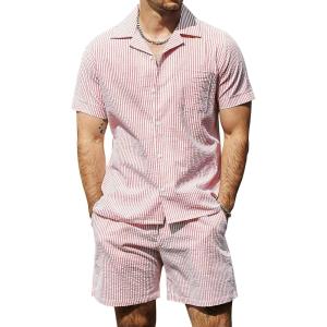 imageVATPAVE Mens Casual 2 Piece Outfits Short Sleeve Button Down Hawaiian Summer Shirts Beach Short SetsRed
