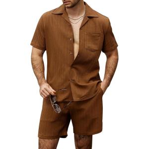 imageVATPAVE Mens Casual 2 Piece Short Sets Short Sleeve Button Down Hawaiian Textured Shirts Summer Beach Outfits