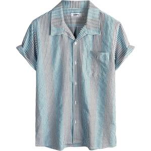 imageVATPAVE Mens Casual Striped Shirts Short Sleeve Button Down Summer Shirts Regular Fit Beach Shirts with PocketBlack Blue