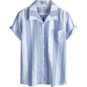 imageVATPAVE Mens Casual Striped Shirts Short Sleeve Button Down Summer Shirts Regular Fit Beach Shirts with PocketLight Blue
