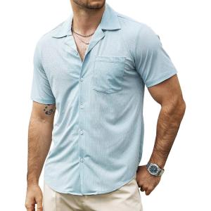 imageVATPAVE Mens Casual Summer Shirts Short Sleeve Button Down Shirts Fashion Textured Beach Hawaiian Shirts with PocketLight Blue