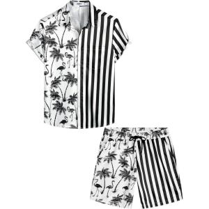 imageVATPAVE Mens Flamingo Hawaiian Sets Casual Short Sleeve Button Down Shirts Beach OutfitsBlack