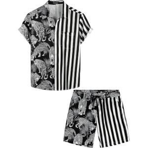 imageVATPAVE Mens Flamingo Hawaiian Sets Casual Short Sleeve Button Down Shirts Beach OutfitsBlack Leopard