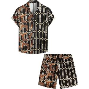 imageVATPAVE Mens Flamingo Hawaiian Sets Casual Short Sleeve Button Down Shirts Beach OutfitsBlack Tiger
