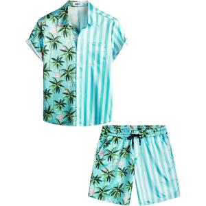 imageVATPAVE Mens Flamingo Hawaiian Sets Casual Short Sleeve Button Down Shirts Beach OutfitsBlue