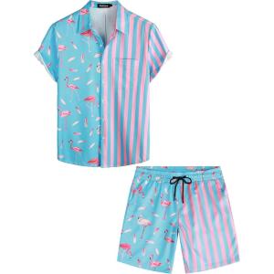 imageVATPAVE Mens Flamingo Hawaiian Sets Casual Short Sleeve Button Down Shirts Beach OutfitsBlue Flamingo
