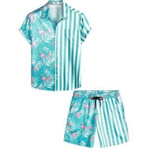 imageVATPAVE Mens Flamingo Hawaiian Sets Casual Short Sleeve Button Down Shirts Beach OutfitsBlue White