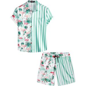 imageVATPAVE Mens Flamingo Hawaiian Sets Casual Short Sleeve Button Down Shirts Beach OutfitsCyan