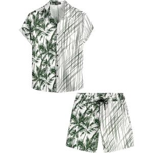 imageVATPAVE Mens Flamingo Hawaiian Sets Casual Short Sleeve Button Down Shirts Beach OutfitsGreen Coconut