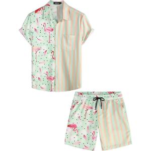 imageVATPAVE Mens Flamingo Hawaiian Sets Casual Short Sleeve Button Down Shirts Beach OutfitsGreen Flamingo