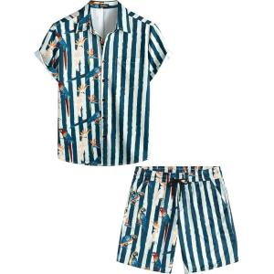 imageVATPAVE Mens Flamingo Hawaiian Sets Casual Short Sleeve Button Down Shirts Beach OutfitsNavy Parrot