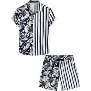 imageVATPAVE Mens Flamingo Hawaiian Sets Casual Short Sleeve Button Down Shirts Beach OutfitsNavy White