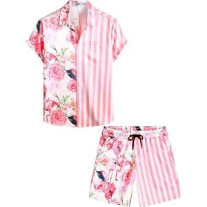 imageVATPAVE Mens Flamingo Hawaiian Sets Casual Short Sleeve Button Down Shirts Beach OutfitsPink