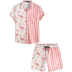 imageVATPAVE Mens Flamingo Hawaiian Sets Casual Short Sleeve Button Down Shirts Beach OutfitsPink Flamingo