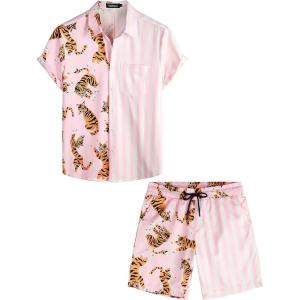 imageVATPAVE Mens Flamingo Hawaiian Sets Casual Short Sleeve Button Down Shirts Beach OutfitsPink Tiger