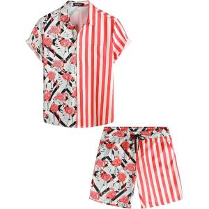 imageVATPAVE Mens Flamingo Hawaiian Sets Casual Short Sleeve Button Down Shirts Beach OutfitsRed Flamingo