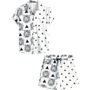 imageVATPAVE Mens Flamingo Hawaiian Sets Casual Short Sleeve Button Down Shirts Beach OutfitsTiger Head