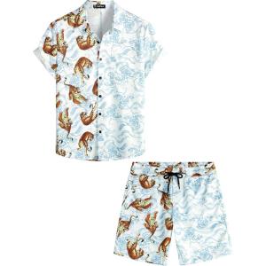 imageVATPAVE Mens Flamingo Hawaiian Sets Casual Short Sleeve Button Down Shirts Beach OutfitsWhite Tiger