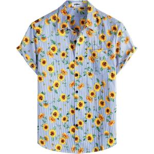 imageVATPAVE Mens Floral Hawaiian Shirt Casual Button Down Short Sleeve Aloha Beach ShirtsBlue Sunflower