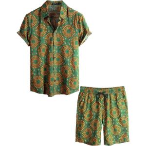 imageVATPAVE Mens Floral Hawaiian Shirts Short Sleeve Button Down Beach Shirts SuitsYellow Green
