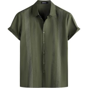 imageVATPAVE Mens Hawaiian Cotton Linen Shirts Casual Short Sleeve Button Down Shirts Summer Beach Embroidered ShirtsArmy Green