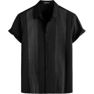 imageVATPAVE Mens Hawaiian Cotton Linen Shirts Casual Short Sleeve Button Down Shirts Summer Beach Embroidered ShirtsBlack
