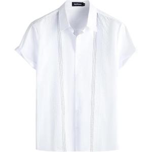 imageVATPAVE Mens Hawaiian Cotton Linen Shirts Casual Short Sleeve Button Down Shirts Summer Beach Embroidered ShirtsWhite