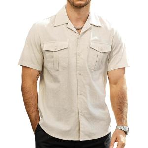 imageVATPAVE Mens Hawaiian Cotton Linen Shirts Short Sleeve Button Down Summer Shirts Cuban Beach Tops with PocketsBeige