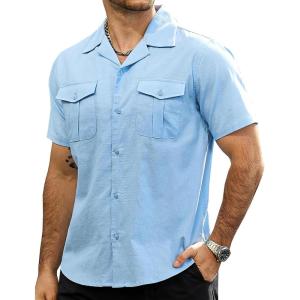 imageVATPAVE Mens Hawaiian Cotton Linen Shirts Short Sleeve Button Down Summer Shirts Cuban Beach Tops with PocketsLight Blue