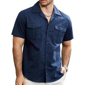 imageVATPAVE Mens Hawaiian Cotton Linen Shirts Short Sleeve Button Down Summer Shirts Cuban Beach Tops with PocketsNavy
